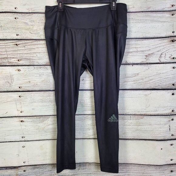 Adidas Women’s AEROREADY Primegreen Leggings 2X Black Faux Leather Look Stretch - Picture 1 of 6